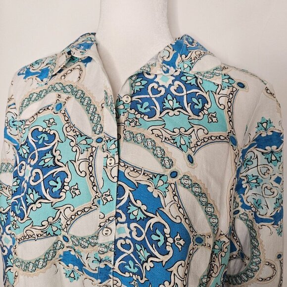 NEW JM Collection Summer Sunset Small Viscose & Linen Blue/White Print Blouse - Picture 2 of 9